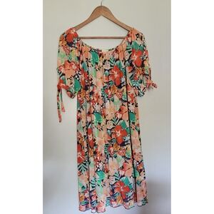 Joie de vivre Floral dress multi color swing dress tie sleeves size Large - M